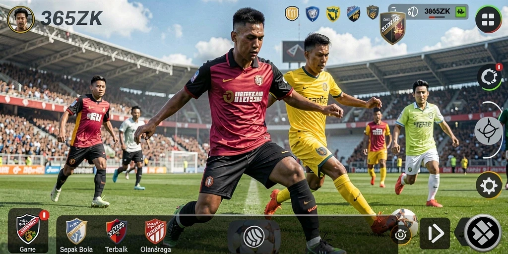 Tampilan gameplay intens dari berbagai pertandingan sepak bola.