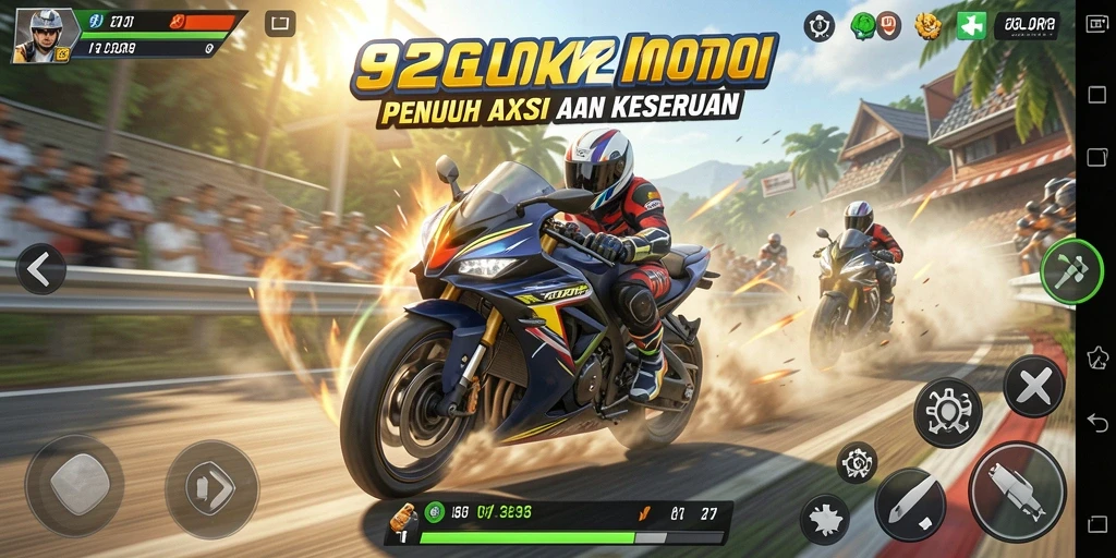 Screenshot utama 92GLORY menampilkan aksi balapan motor yang mendebarkan.