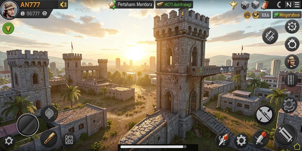 Tampilan gameplay AN777 dengan menara yang strategis dan serangan musuh yang dinamis.