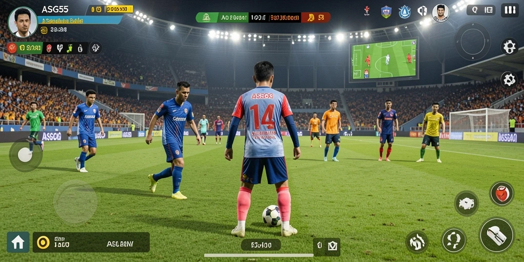 Screenshot gameplay ASG55 yang menunjukkan aksi seru di lapangan sepak bola.