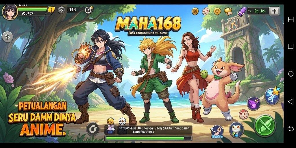 Tampilan gameplay <strong>MAHA168</strong> yang penuh warna dan karakter anime ikonik.