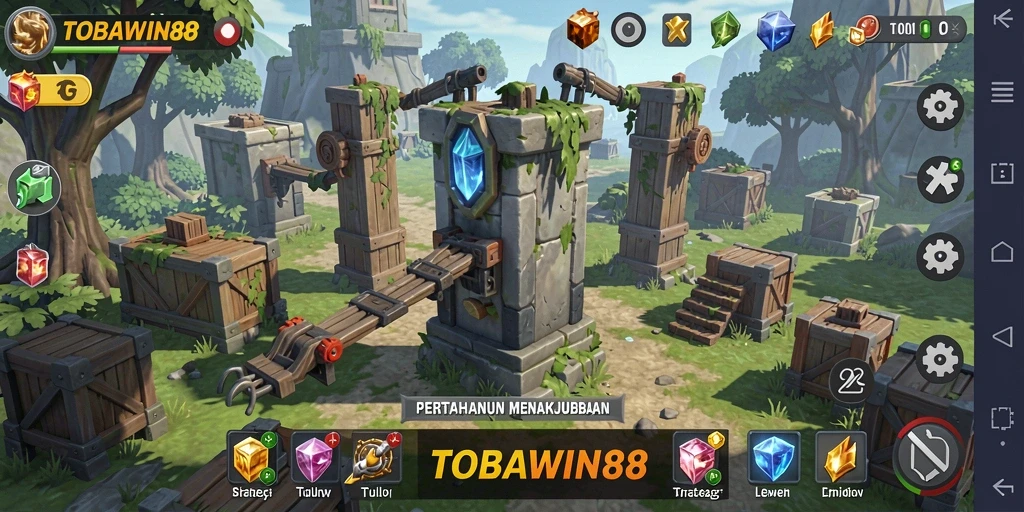 Tampilan gameplay menarik dari TOBAWIN88 dengan berbagai tower di medan perang.