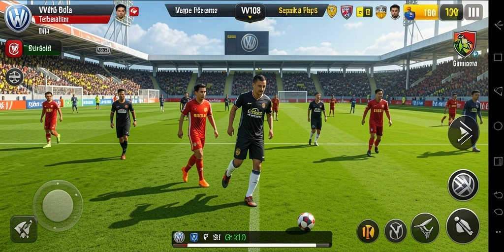 Screenshot gameplay VW108 menampilkan aksi sepak bola yang mendebarkan.