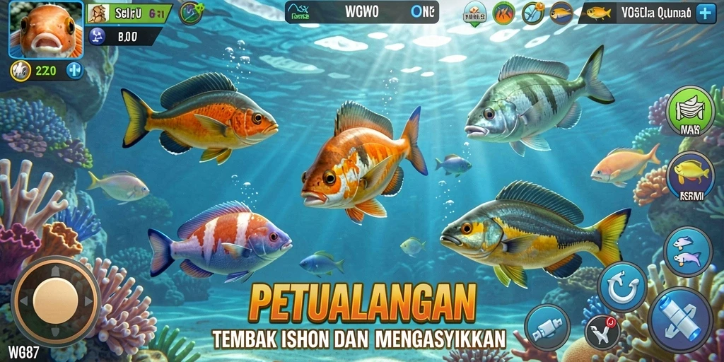 Screenshot gameplay seru dari WG87 dengan aksi menembak ikan.