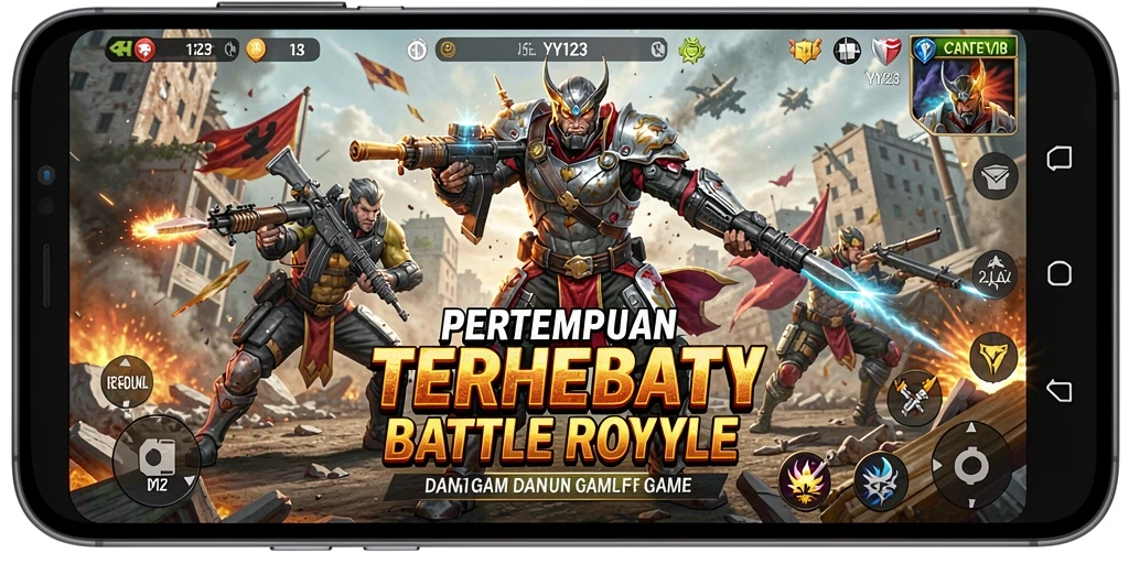 Screenshot YY123 menampilkan aksi pertempuran seru di pulau Battle Royale.
